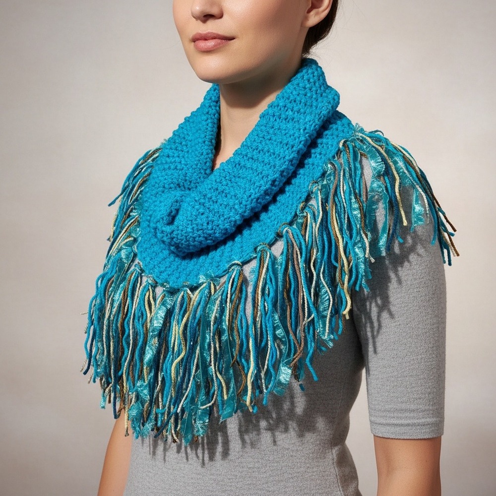 NEW Hand Knitted Turquoise Blue Infinity Boho Cowl Scarf Fringe Coastal‎ Artsy